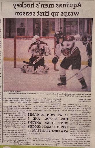 News clip with an Aquinas Hockey Player facing the goalie of the opposing team on the ice. Headline: Aquinas men's hockey wraps up first season. Large text in the body reads &quot;We Won 15 Games&quot;